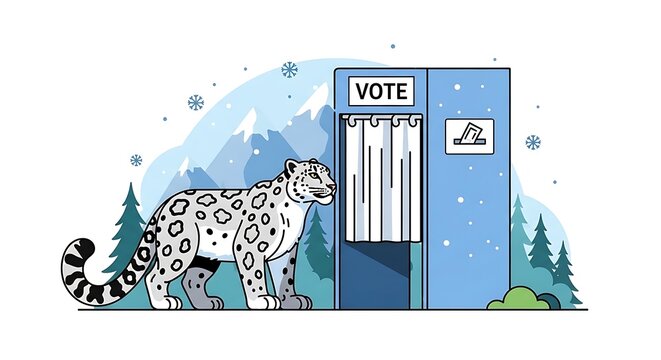 Snow leopard near voting booth in winter landscape with mountains and trees.