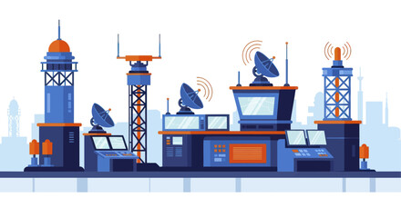 Naklejka premium Modern Communication and Technology Hub with Antennas and Satellites.