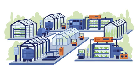 Fototapeta premium Modern Hydroponic Farm System with Greenhouses and Industrial Equipment.