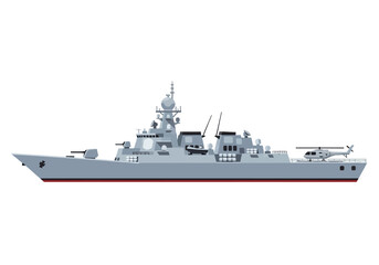 Fototapeta premium Modern Warship with Helicopter Deck and Armaments.