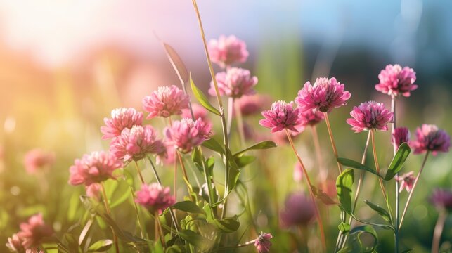 Bask in the warm, ethereal glow of vibrant pink clover blossoms swaying in a sunlit meadow.