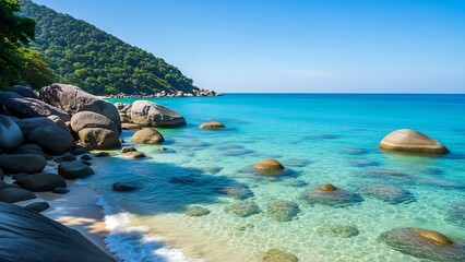 Obraz premium Idyllic tropical beach with turquoise water and lush greenery.