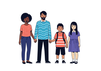Fototapeta premium Diverse family holding hands ready for school adventure.