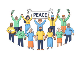 Diverse group of people holding hands and a banner promoting peace.