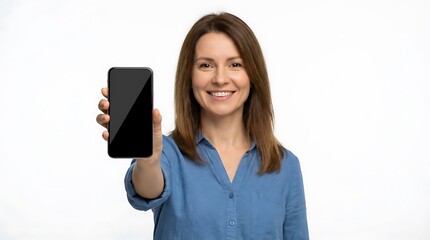 Fototapeta premium Smiling middle-aged woman holding a smartphone with a blank black screen for mockup, isolated on white background