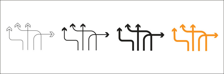 set of four different arrow direction icons showing branching paths diverging and merging in outline and solid styles with contrast and simplified graphic design elements © Moynul Haque