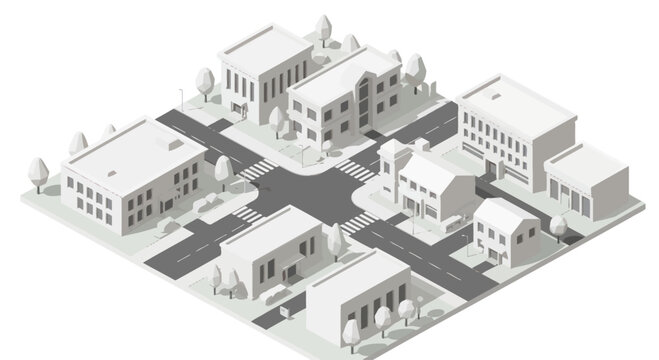 Isometric City Block with Buildings and Roads in Monochrome Style.