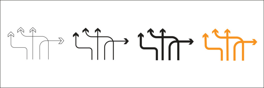 set of four different arrow direction icons showing branching paths diverging and merging in outline and solid styles with contrast and simplified graphic design elements