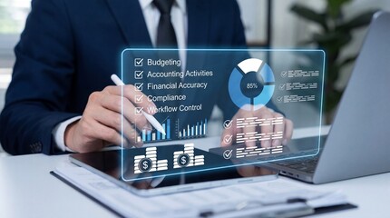 Fototapeta premium A businessman analyzing financial data on a digital tablet at his desk