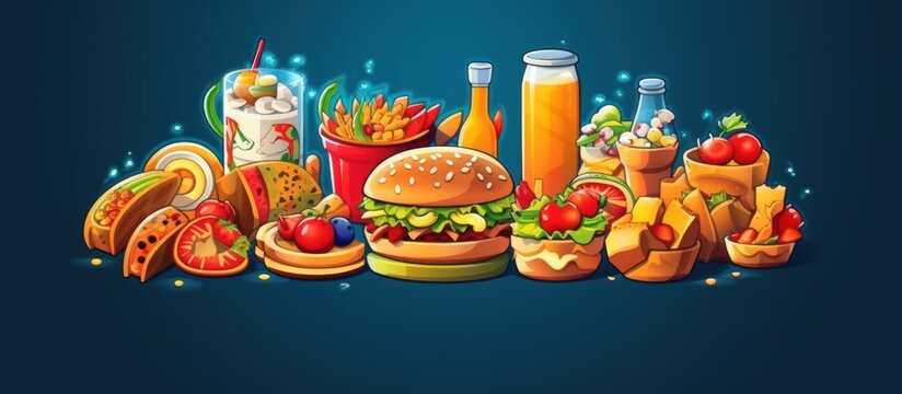 A vibrant and whimsical digital feast featuring a magical array of savory treats and refreshing beverages.