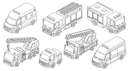 Isometric emergency vehicles set, including ambulance, fire trucks, and rescue vans, in a detailed line art style. © DOG2