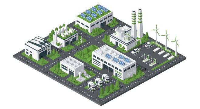 Isometric Green City with Sustainable Energy and Eco-Friendly Buildings.