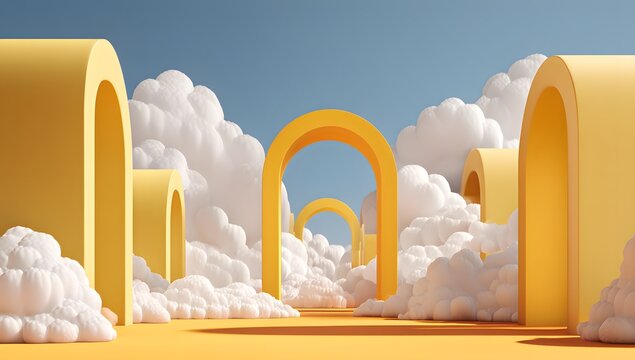 A surreal landscape with yellow arches and white clouds.