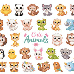 Fototapeta premium Collection of cute cartoon animals on white background