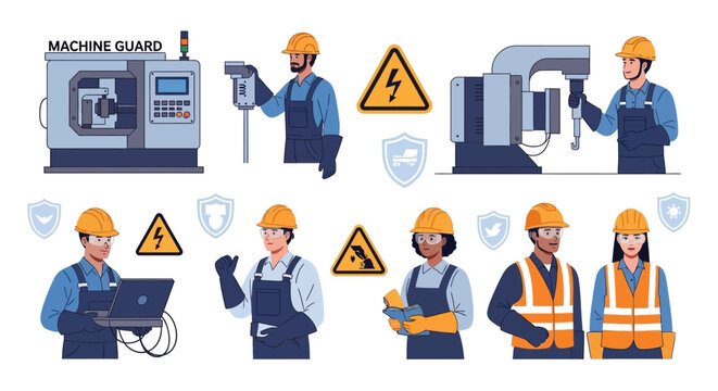 Illustrated vector design showcasing workplace safety industry, with diverse workers in safety gear performing various tasks, emphasizing World Day for Safety and Health at Work
