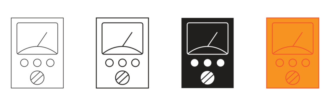 a set of different colored analog meter and gauge icons representing measurement and electrical testing equipment for science and technology projects