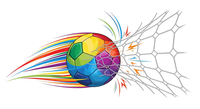 A vibrant, colorful soccer ball hurtles toward a net in a dynamic vector illustration, with trails of rainbow colors emphasizing the speed and impact, set against a clean white background