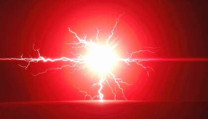 Czerwone tło z jasnym wyładowaniem elektrycznym, piorunami i błyskami energii, tworzące dynamiczną i futurystyczną kompozycję świetlną.