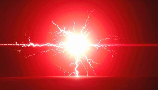 Czerwone tło z jasnym wyładowaniem elektrycznym, piorunami i błyskami energii, tworzące dynamiczną i futurystyczną kompozycję świetlną.