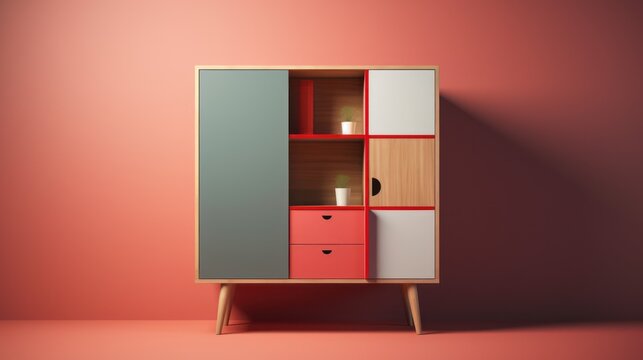 Elevate your interior space with this vibrant, mid-century modern-inspired cabinet featuring bold color blocking and functional design.