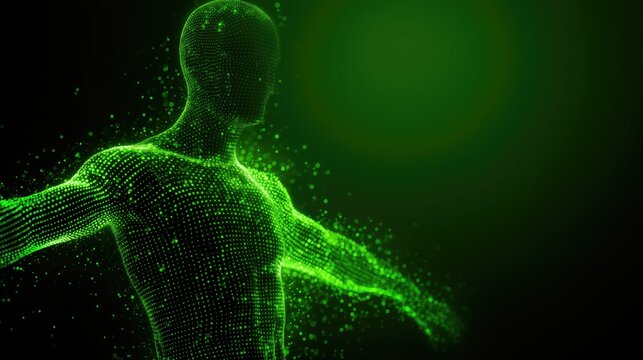 A tech professional's future growth in digital innovation and collaboration visualized as a glowing green particle network.