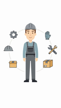 Worker in overall with safety helmet surrounded by work tools