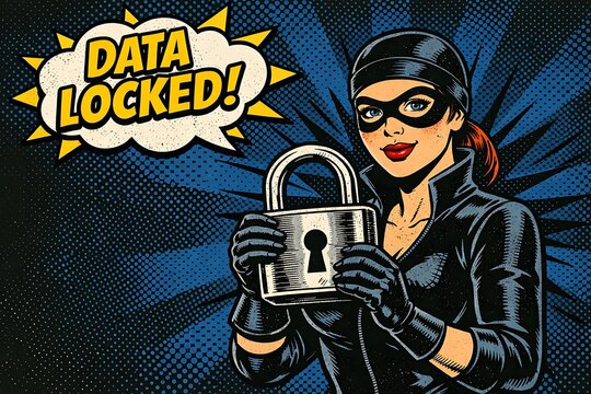 Pop art comic style illustration of a female thief in a mask holding a large padlock with a "Data Locked!" speech bubble. Concept for cyber security, data protection, and privacy safety.