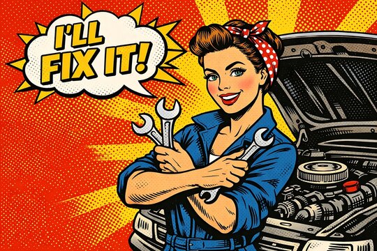 Pop art comic style illustration of a confident female mechanic with wrenches in front of an open car hood. "I'll Fix It!" speech bubble concept for auto repair, DIY, and empowerment.