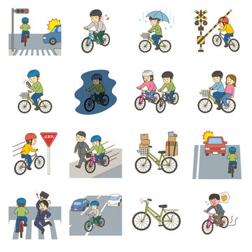 自転車交通違反アイコンセット ベクターイラスト 16種類 シンプル