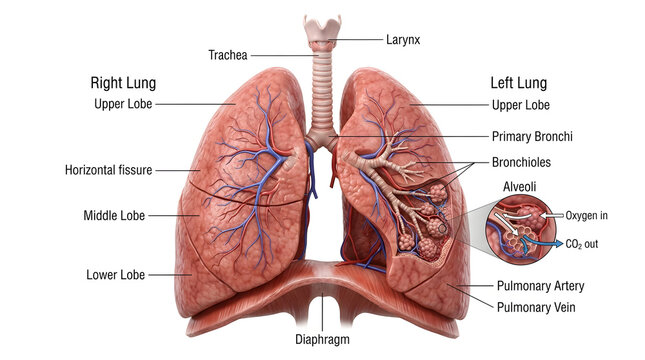 The human lungs are shown with labeled parts including trachea, bronchi, and pulmonary vessels in a detailed anatomical illustration.