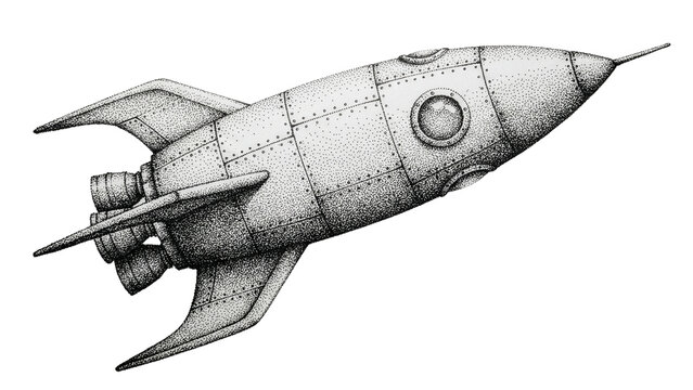Vintage stippled art black and white rocket ship illustration
