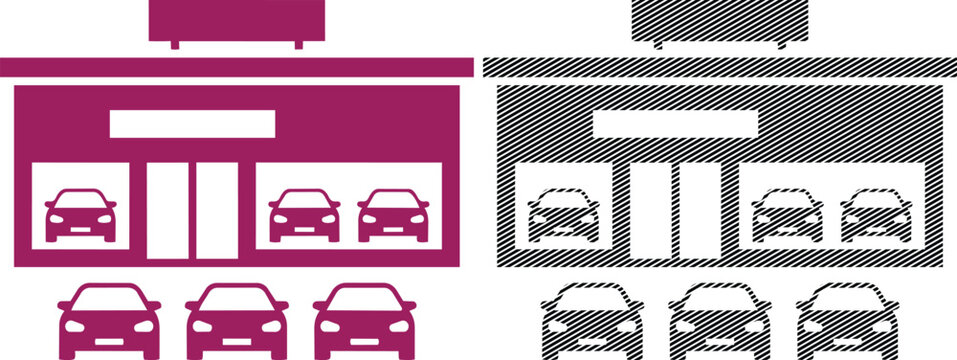 Car dealership building facade and automotive showroom icon set vector illustration.