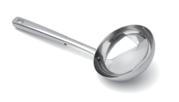 A shiny metal ladle with a long handle