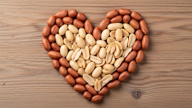 Heart-shaped peanut arrangement on wooden surface, symbolizing love for nuts.