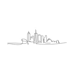Obraz premium Continuous line drawing depicts a modern city skyline with tall buildings