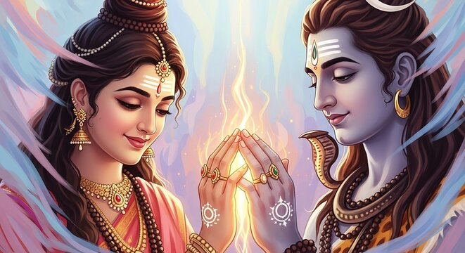 Lord Shiva and Goddess Parvati - Hindu Couple Holding Sacred Flame Together.