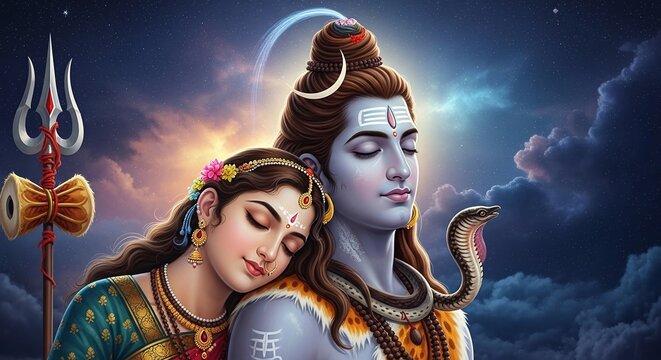 Lord Shiva and Goddess Parvati - Hindu Couple Lord Shiva and Parvati Portrait.