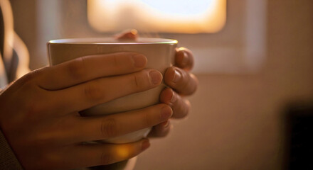 Naklejka premium Person holding coffee cup with both hands in morning light indoors