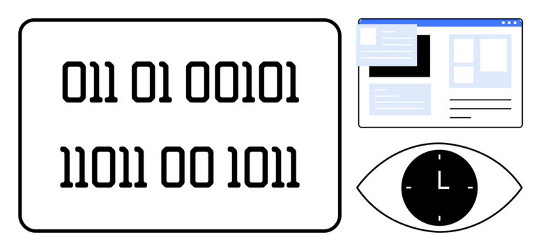 Cybersecurity, data monitoring, digital interfaces, coding, online privacy, technology trends. Binary code, a digital window and an eye icon combine. Cybersecurity and data monitoring concepts