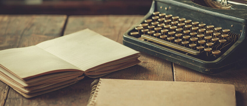 Vintage typewriter, open lined notebook, and blank spiral pad on rustic wood