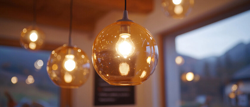 Warm amber glass pendant lights with glowing bulbs illuminate a cozy interior, contrasting a cool, blurred background with distant mountains