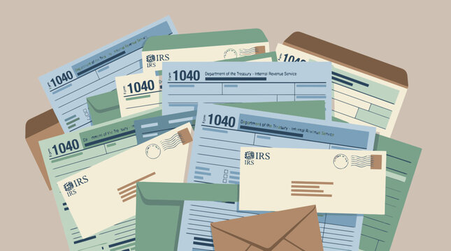 Pile of Tax Forms 1040 and Envelopes