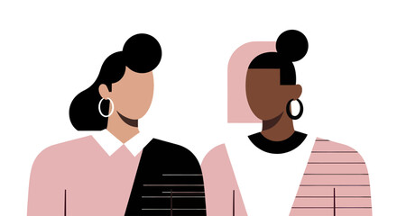 Two diverse women with stylish hairstyles and hoop earrings. © Baru