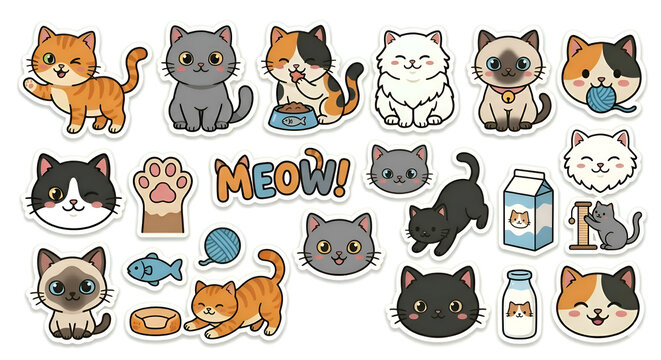 Stiker Vektor 15&ndash;20 Elemen Kucing + Teks 'MEOW' (Kepala, Tubuh, Paw), Komposisi Rapi Tanpa Overlap