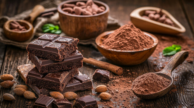 Stacked dark chocolate bars, bowls of cocoa powder and beans, almonds, cinnamon, and mint on rustic wood