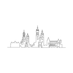 Fototapeta premium Minimalist line drawing depicts a city skyline with towers and structures