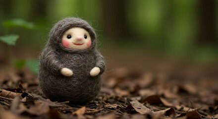 Fototapeta premium Adorable Felted Creature in Forest - Whimsical Character with Blush Cheeks, Soft Focus.