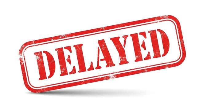 A red delayed stamp on a white background with a shadow