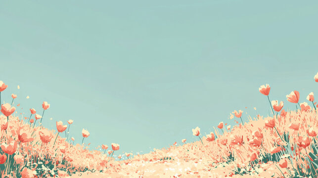 Stylized field of coral-orange flowers and pale green grass beneath a tranquil light blue sky, creating a gentle spring aesthetic