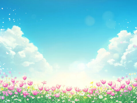 Sunny field of pink tulips and wildflowers under a bright blue sky, fluffy clouds, and gentle glowing light